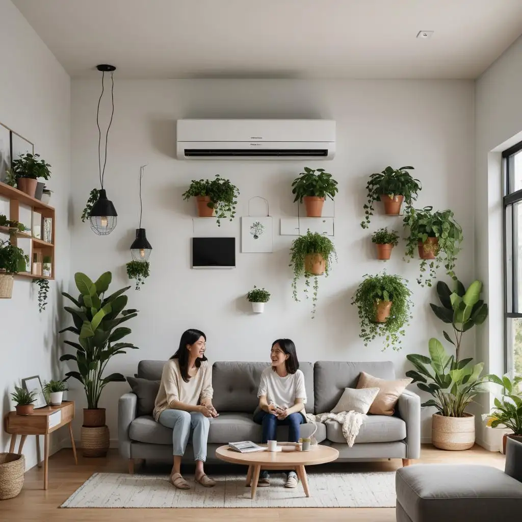 discussion entre deux jeunes femmes dans un salon climatisé et décoré de plantes vertes