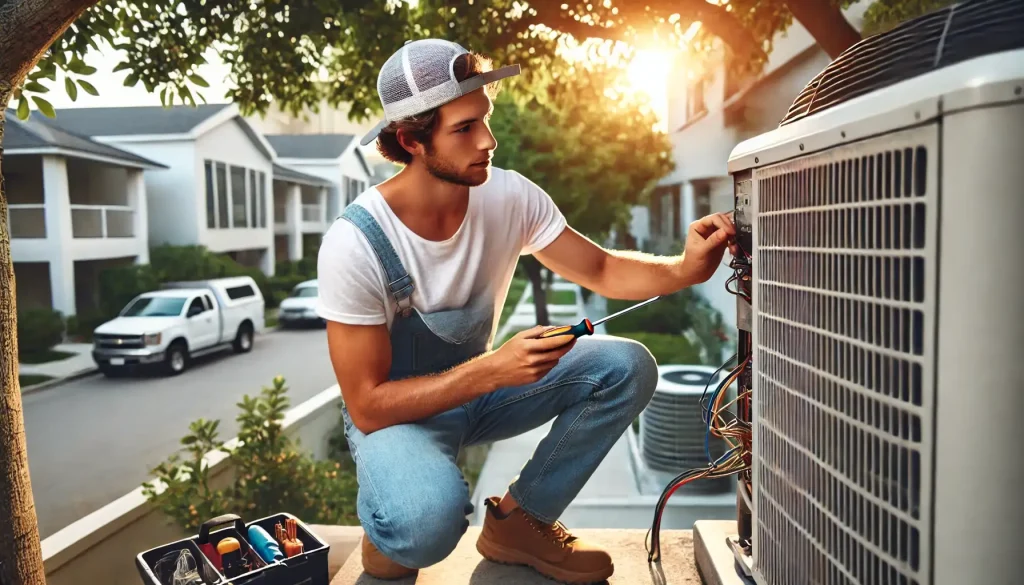 pose de pompe à chaleur air-eau par un technicien